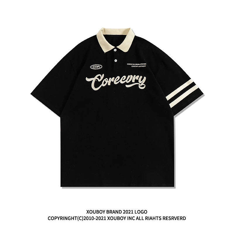 Retro American Short Sleeve  Shirt Men's Trendy Brand Summer Versatile Letter Embroidery Hong Kong Style Student T-shirt