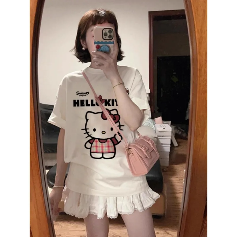 

Новинка 2025, повседневный модный быстросохнущий топ с короткими рукавами Hello Kitty, топ с короткими рукавами и принтом Y2k3D High Street