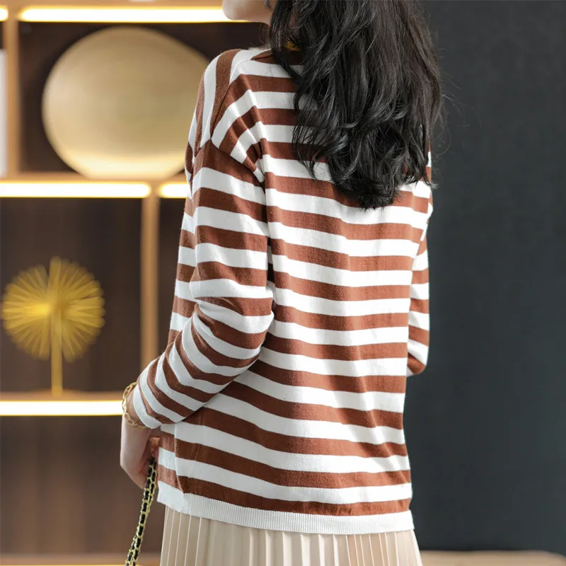 Striped Round Neck Patchwork Women\'s Knitted Pullover Long Sleeved Versatile Spring And Autumn New Item 100% Pure Cotton Top SMY