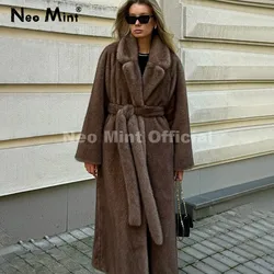 Neo Mint Cappotto in pelliccia di visone sintetica con cintura Donna 2024 Inverno Beige Giacca in pelliccia pelosa sfumata Marchio di lusso Cappotto caldo con cappuccio