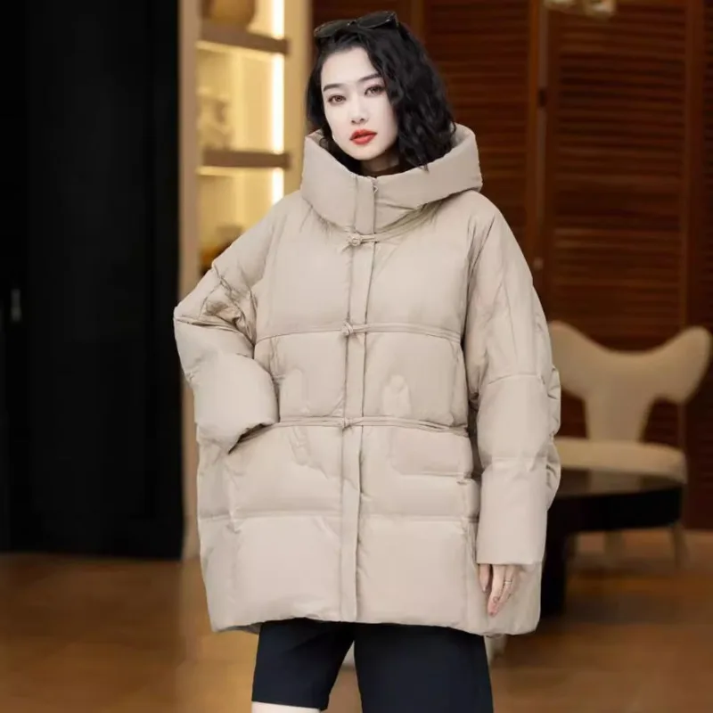 Women's clothing High-end Plus size Hooded Down jacket Winter New Literary Loose fit White duck down Thickened Outerwear