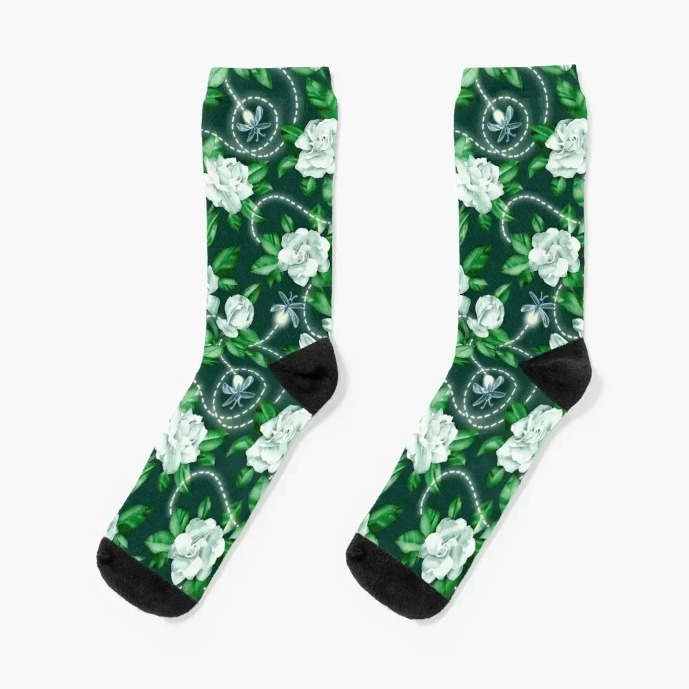 

Midnight Sparkles - Gardenias and Fireflies in Emerald Green Socks Heating sock man cool Boy Socks Women's