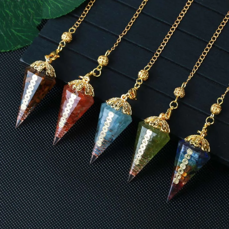 Crystal Chip Stone Pendulums For Dowsing Divination Natural Healing 7 Chakra Symbol Orgonite Pendulum Hexagonal Resin Pendants