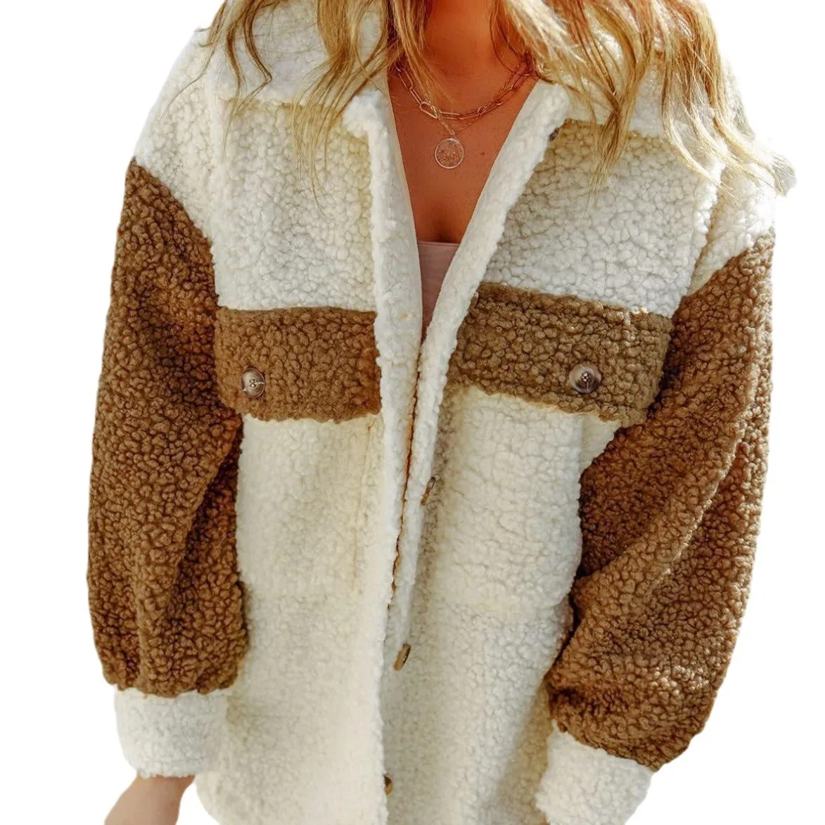 الخريف الشتاء عارضة الدافئة قمم المرأة معطف طويل الأكمام مزدوجة جيب اللون منعت فضفاض الفراء سترة معطف للنساء Capispalla