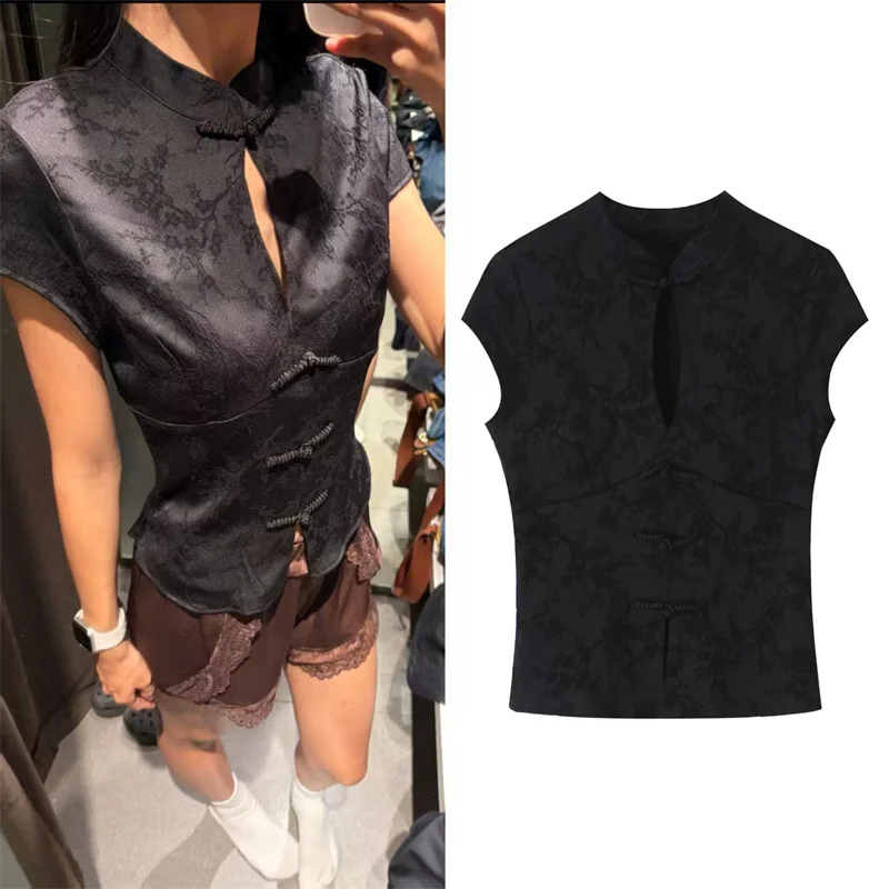 ZOCI Women's Top 2026 Summer New Black Jacquard Knot Button Hollow Out Top Elegant and Stylish Fashionable Socialite Style