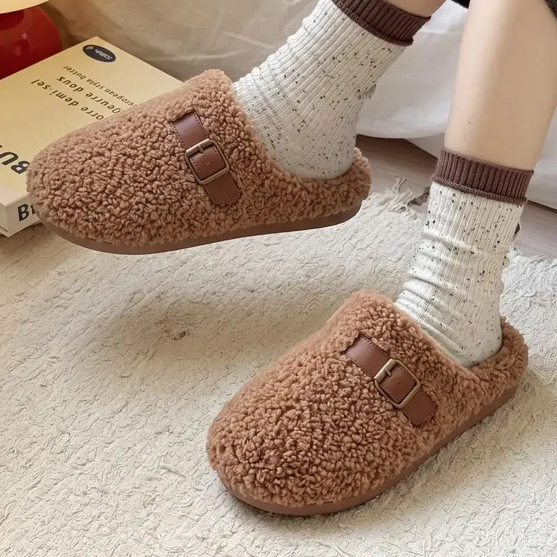 Women Winter 2026 Fashion Warm Lambswool Flat Heel Mules Slippers  Metal Buckle Fluffy Outdoor Slippers Women Fleece Plush Shoes