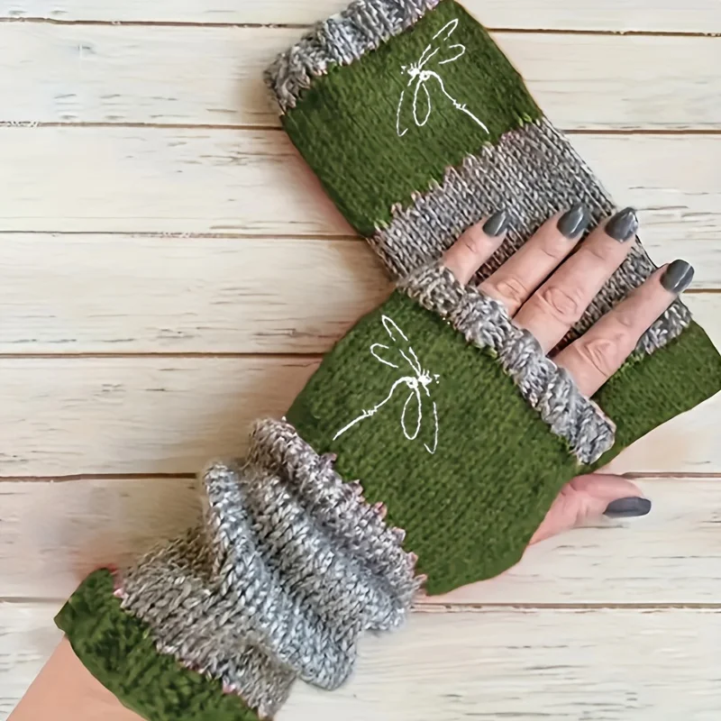 Women's Winter Gloves, Bird Embroidery Design, Red and Grey, Block Stitching, Autumn and Winter, New Dragonfly Embroidery