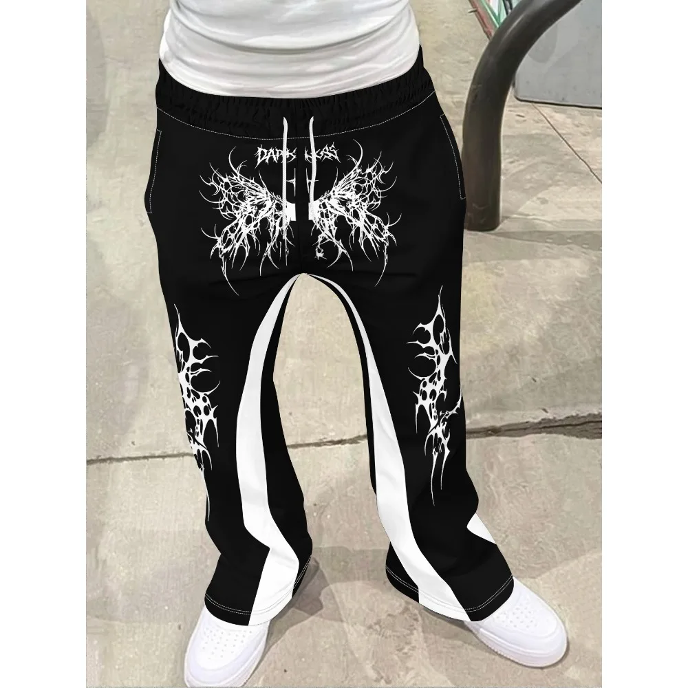 

Men's Casual Street Style Trendy Cross Print Fashionable Slightly Flared Black and White Color-Block Design Sweatpants Men Pants
