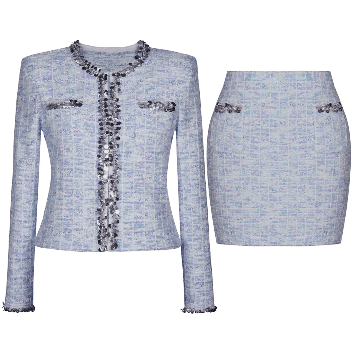 

High Quality New Fashionable Elastic Knitted Round Neck Checkered Bead Decoration Cardigan Slim Fit Short Skirt Casual Women Set