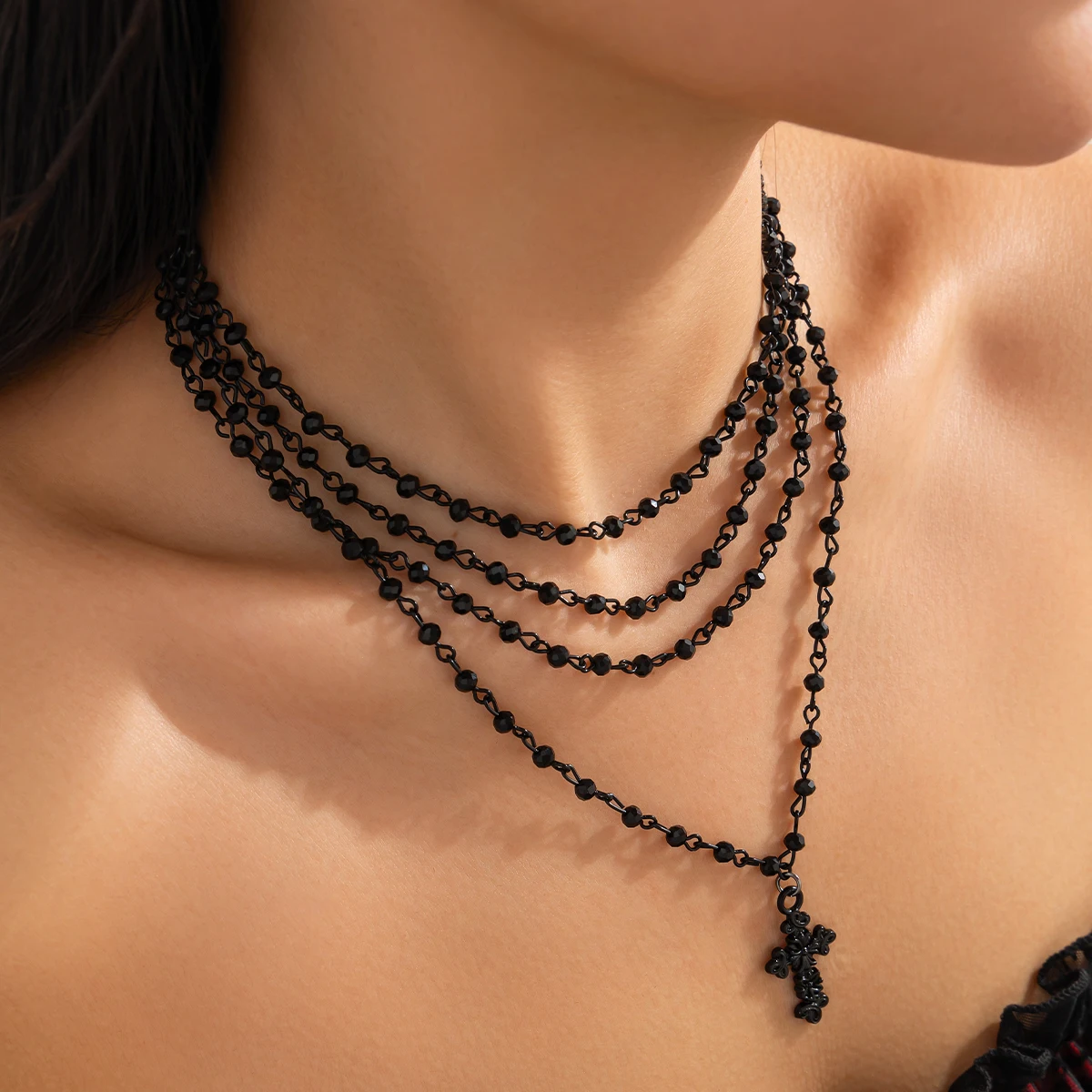 KunJoe Gothic Jesus Big Cross Pendant Necklace for Women Vintage Multilayer Black Bead Chain Necklace Y2K Accessories Jewelry