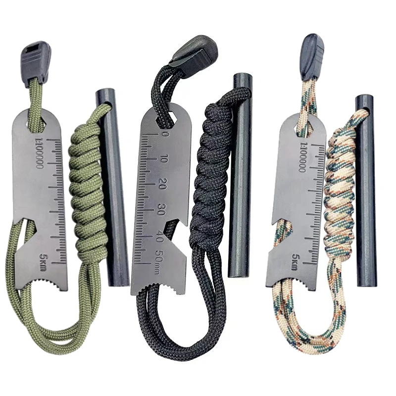 Outdoor Survival Fire Starter Ferro Rod with Paracord Handle, Multi-Tool Striker with Ruler for Camping Hiking and Emergency Use