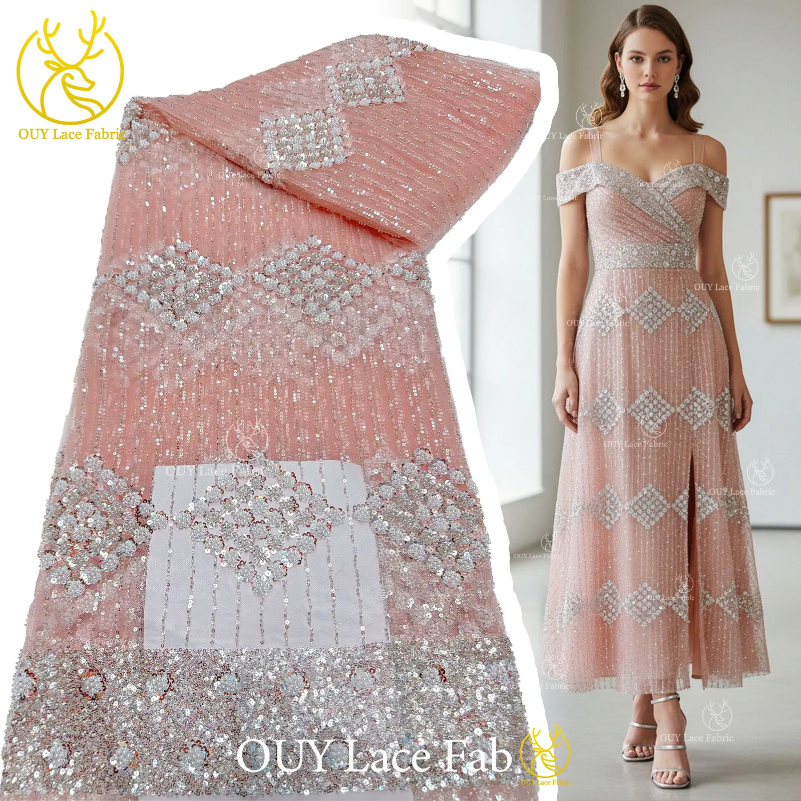 Eleganter, modischer afrikanischer Spitzenstoff mit Perlen und Pailletten, 2026, neues Design, französischer nigerianischer Tüll-Spitzenstoff für Abschlussball- und Partykleider, 5 Yards – Detail 7