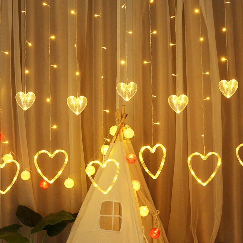 

EU Plug Heart Shaped Curtain Light Fairy String Lights Christmas Garland Outdoor Party Home Wedding New Year Decor Valentine's