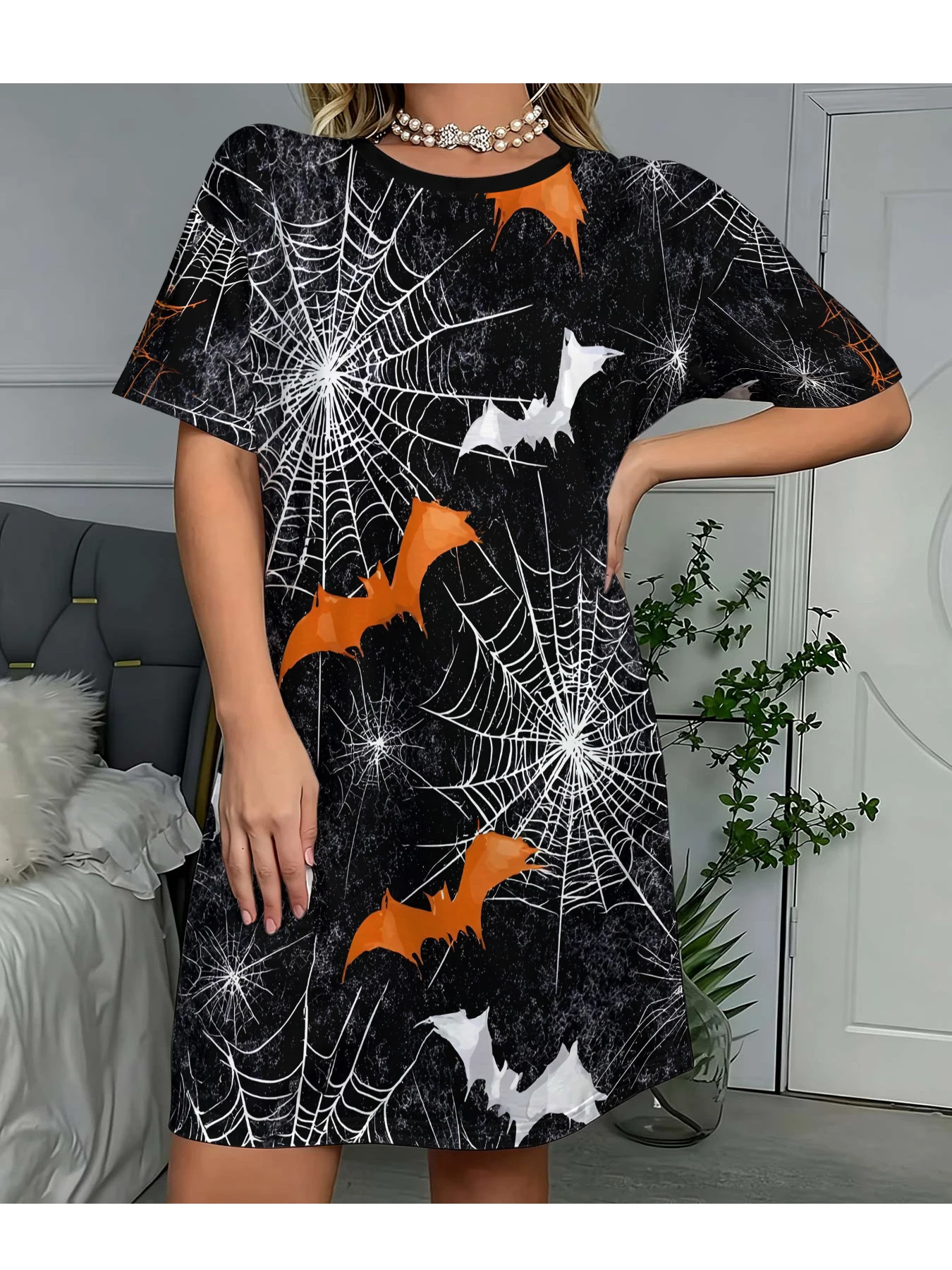 Women's Round Neck Short-Sleeved Dress with Black Background, Distressed White Spider Web, Orange and White Bats, Halloween All-Over Print Casual Dress