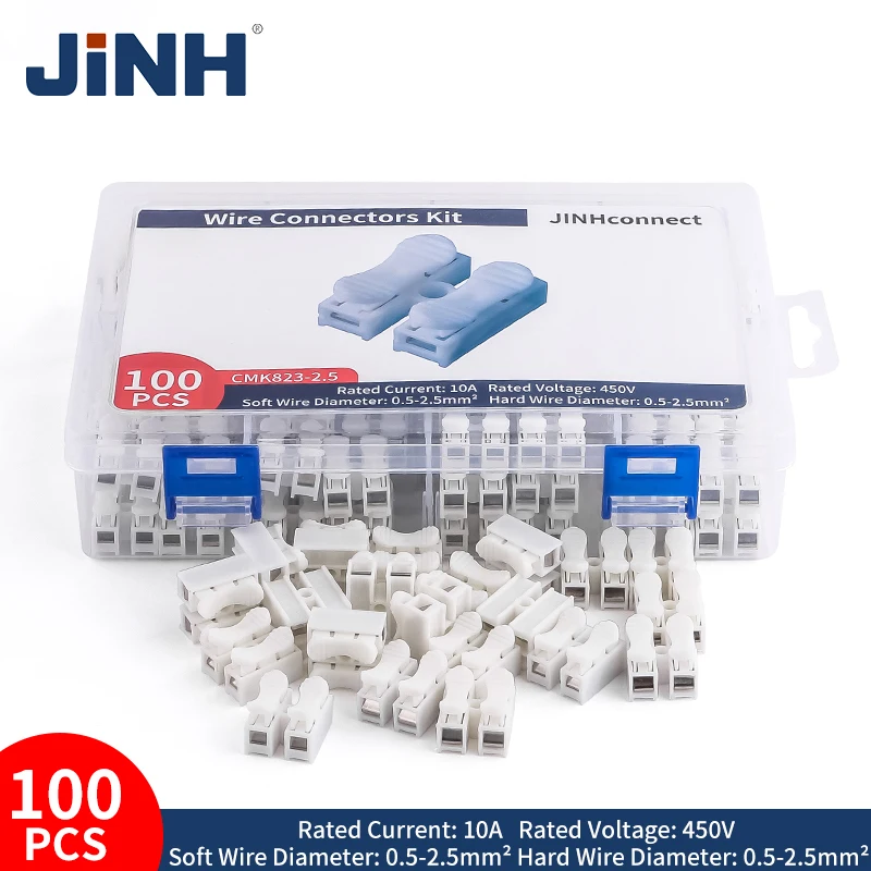 

JINH 100Pcs 2P 2.5mm CMK 823 Mini Press Type Nuts Assortment Pack No Screw Spring Clamp Wire Quick Connector Terminal Blocks