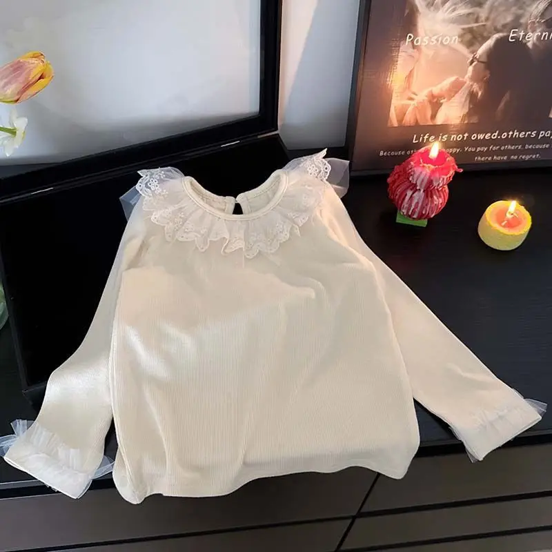Fashion Girls Long Sleeve T-Shirt New Spring Autumn Lace Trim Casual Base Layer Top Kids Children Clothing
