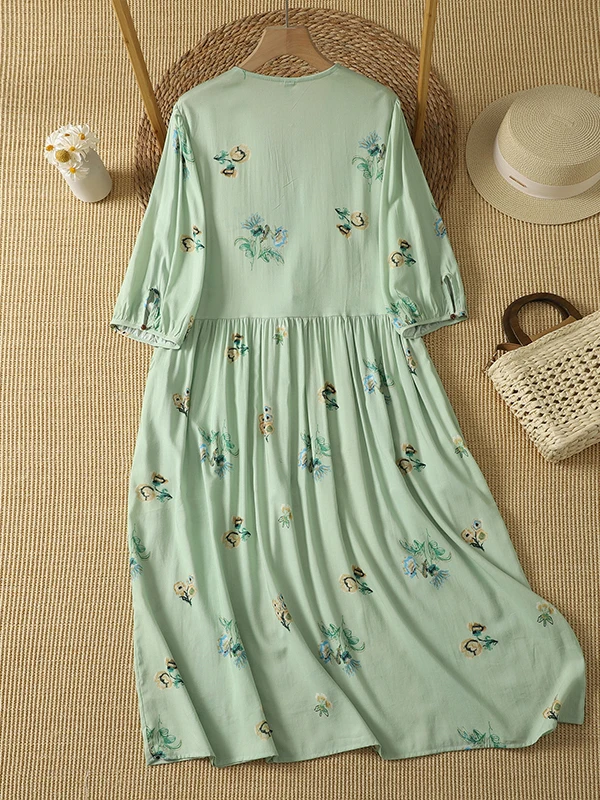 Summer New Vintage Print Loose Belted Dress Women's Simple Style Cotton A-Line Skirt V-Neck Five-Sleeve Casual Dress
