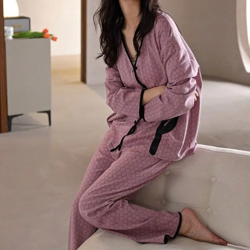 V-neck Pajama Suit Women Spring Autumn Soft Cotton Purple Cardigan Grace Sleepwear Long Sleeved High Aesthetic Home Clothing Set