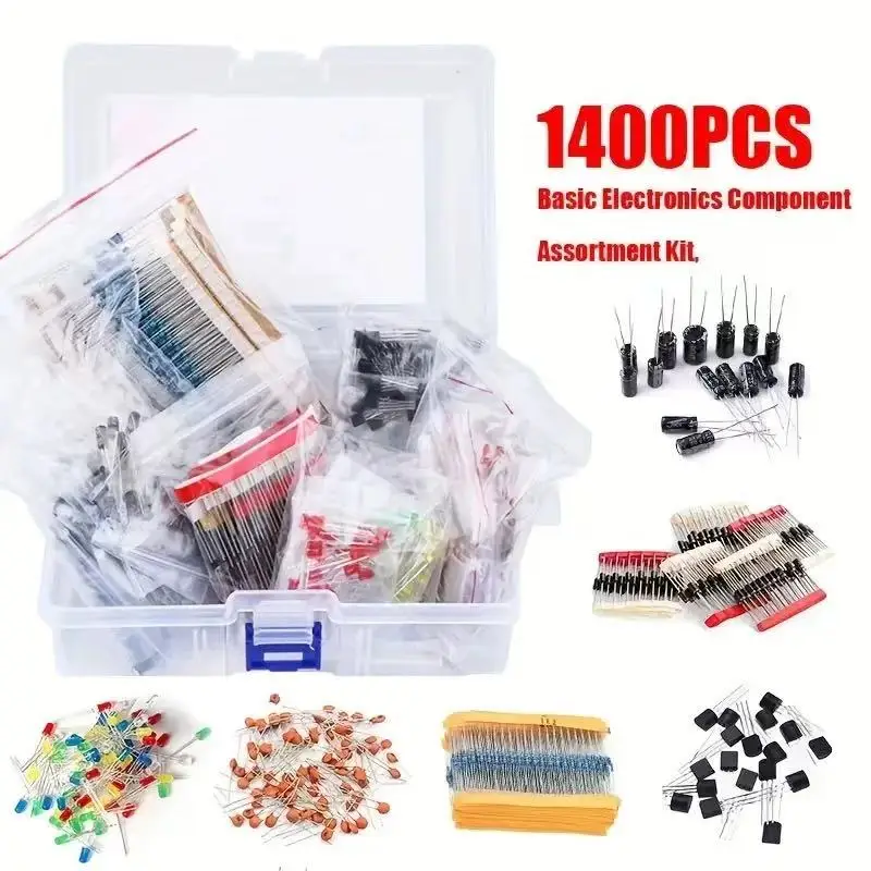 1390PCS All-In-One Electronic Component Pack, 6 Kinds General Purpose Parts Set with Resistors, Capacitors, LEDs, Diodes and Tra