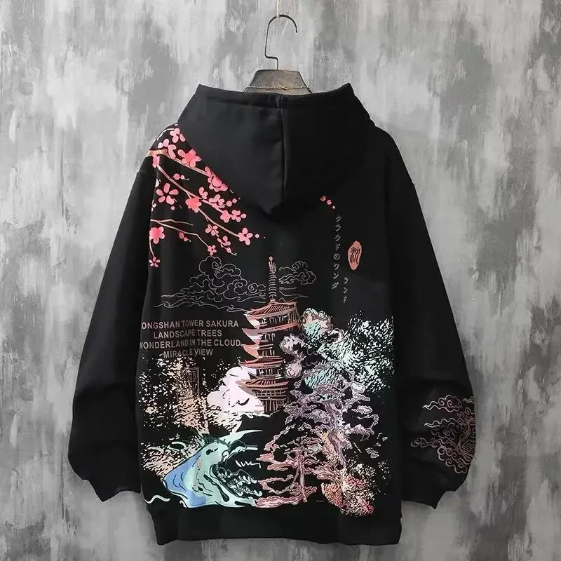 Bluzy z kapturem dla mężczyzny biała odzież męska Punk czarna haftowana Harajuku moda jednoczęściowa Overfit luźne bluzki z kapturem zimowa
