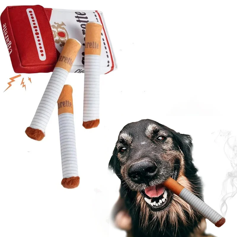 Creative Cigarete Funny Dog Toys Giggles Sound Plush Chewing Toy with Squeaking Interactive Dog Toy with Cigaret Box Pet Gifts