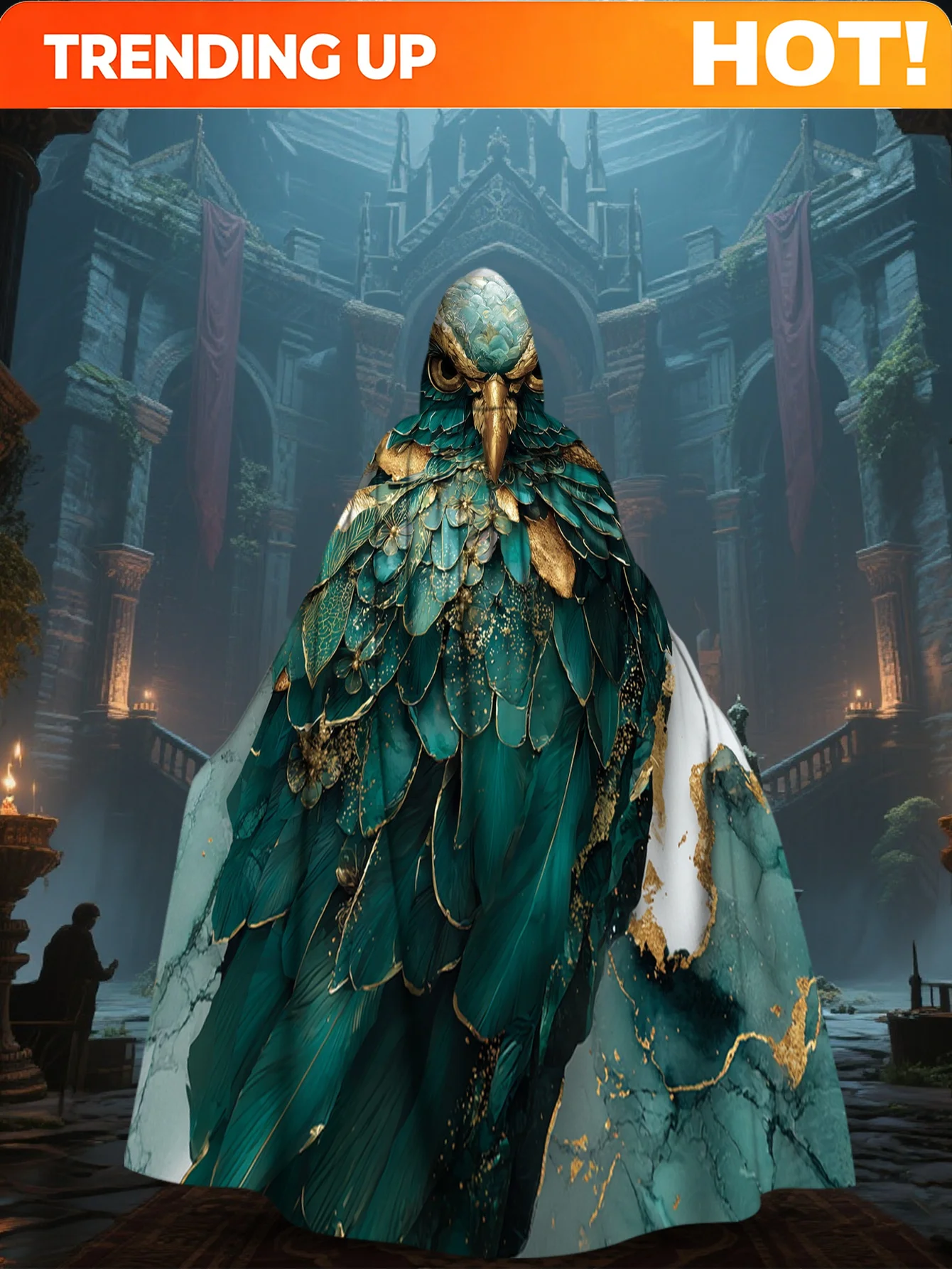 Customization 1pc 2D Flat-Printed Fashionable Hooded Cape Featuring A Pair Of Emerald And Golden Owls, Made From 100%, Perfect