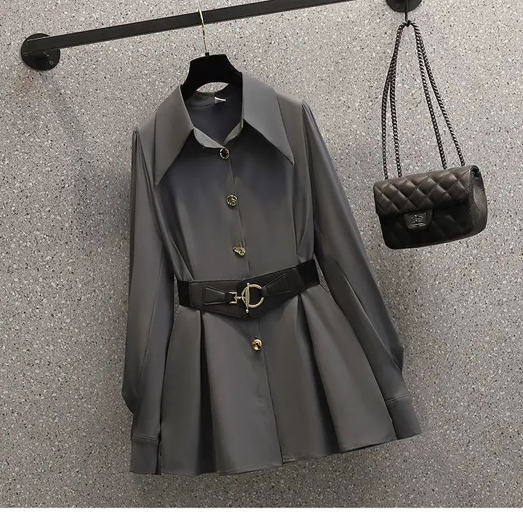 Korean Fashion Elegant Women\'s Pants Suit Fashion Leather Belt Chiffon Shirt Black Silver Trousers Two-piece Set Office Blazer