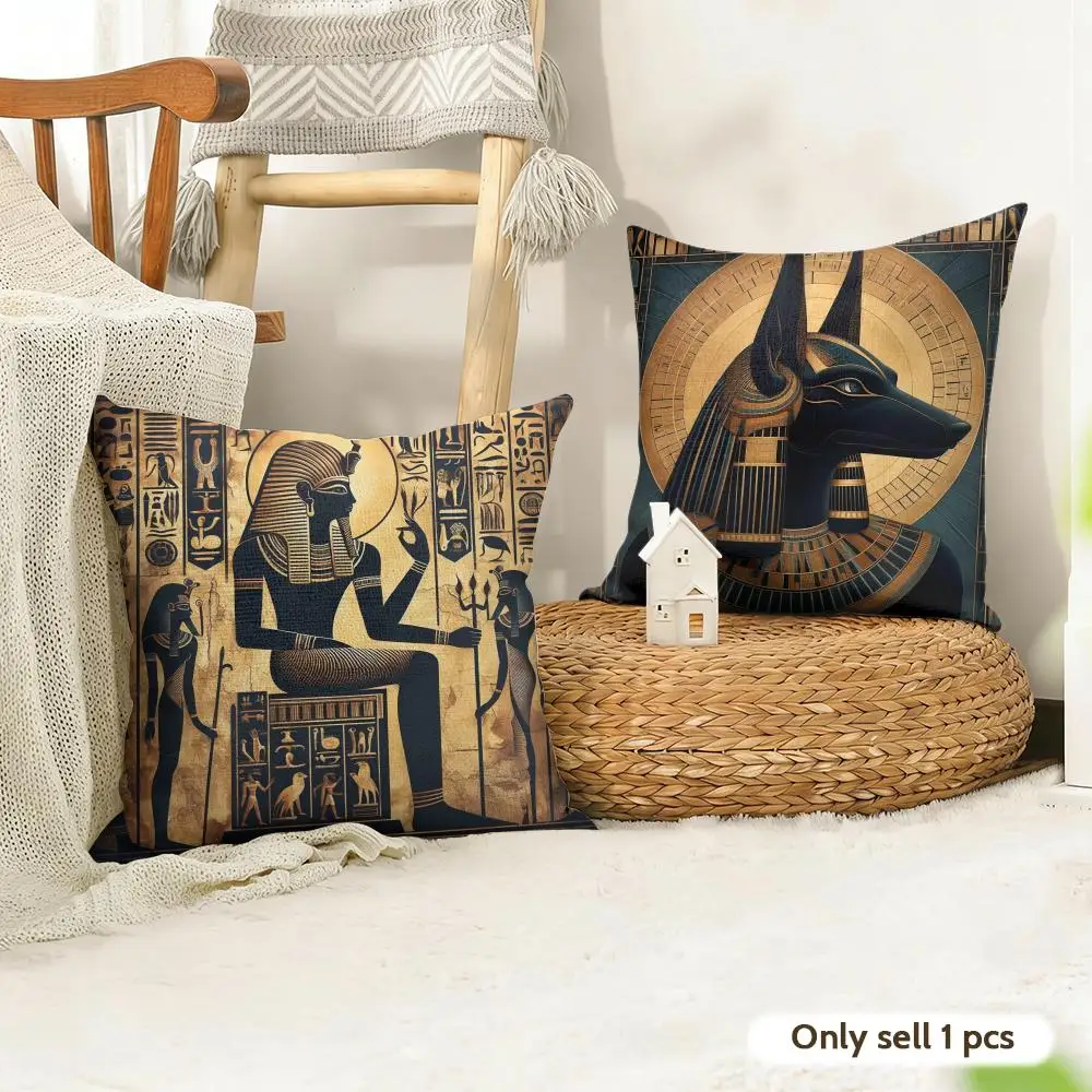Ancient Egyptian Cultural Elements Cushion Cover Natural Linen Organic Fabric Double-Sided Printing Room Sofa Decor Pillow Case