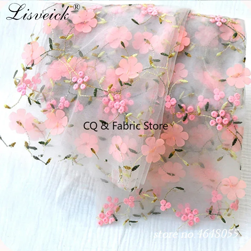 1Yard 3D Flower Embroidered Mesh Lace Fabric DIY Wedding Dress, Children's Clothing Elegant Applique