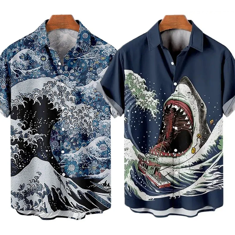 New Vintage Japanese Sea Wave Men\'s Shirts Lapel Streetwear Shirt For Men Street Short Sleeve Top Summer Men Hawaiian Shirt