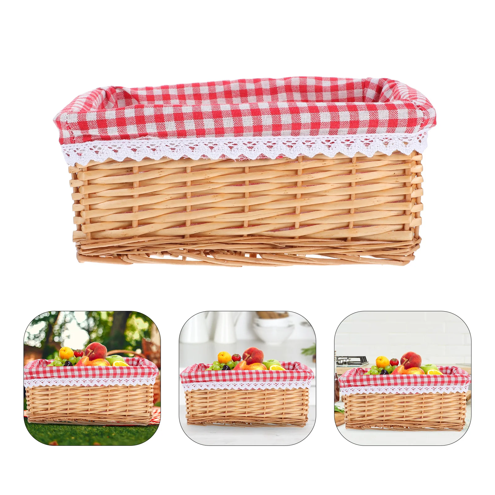 

Wicker Storage Basket Natural Rattan Handmade Bathroom Kitchen Decorative Rectangular Organizer Shelf Bin Lined Woven Storage