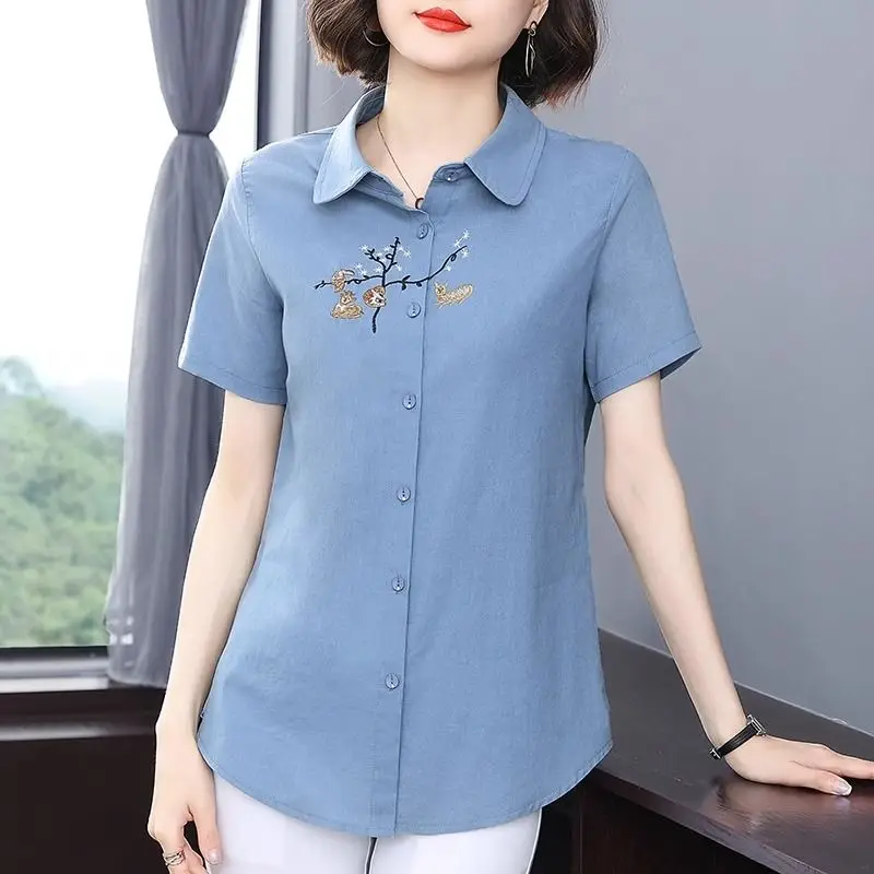 

Women's 2024 Summer New Pure Cotton Blouses Fashion Minimalist Commute Lapel Solid Embroidered Button Loose Short Sleeve Shirts