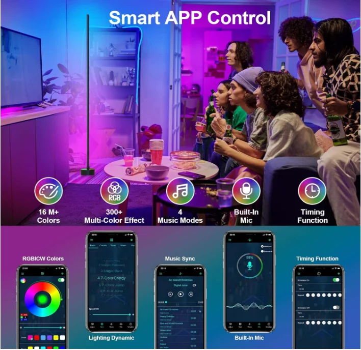مصابيح أرضية Led لغرفة المعيشة وغرفة النوم أضواء ليلية ملونة أضواء جو رياضية إلكترونية للحفلات 120 سنتيمتر تبديل متعدد الألوان