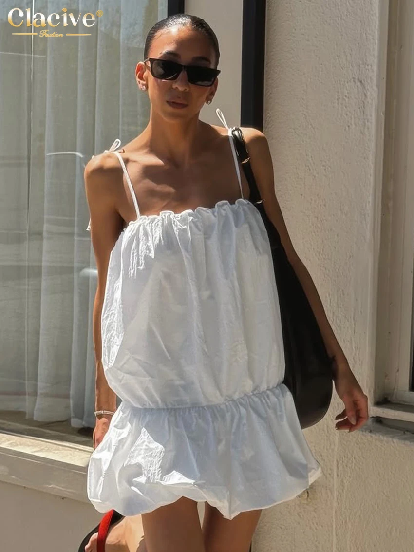 

Clacive Summer Loose White Cotton Women Dress Sexy Strap Sleeveless Mini Dresses Elegant Classic Solid Female Dress Streetwear