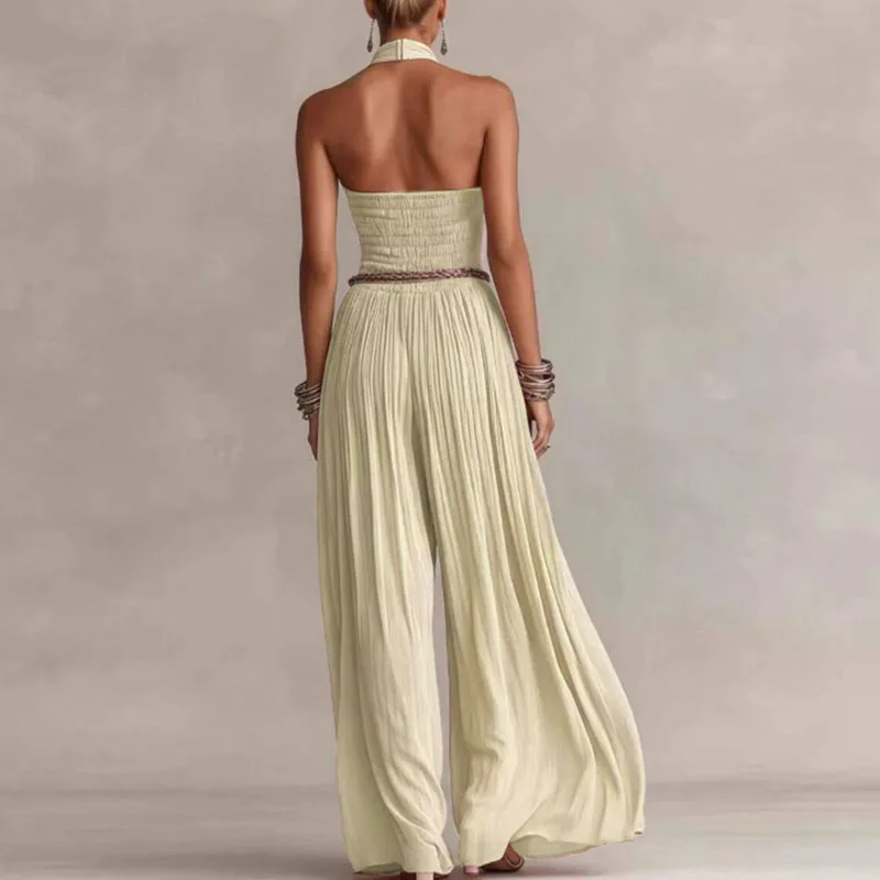 Bohemian Halter Hollow Vacation Jumpsuit Spring Solid Backless Pleated Women's Rompers Summer Sleeveless Wide Leg Pants Overalls