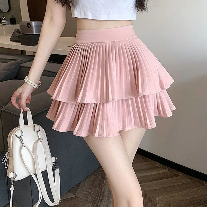 Sweet Double Layered Pleated Cute Skirt All-match Summer Elastic High Waist Mini Skirt Women Shor Leggings Ball Gown Kawaii Y2K