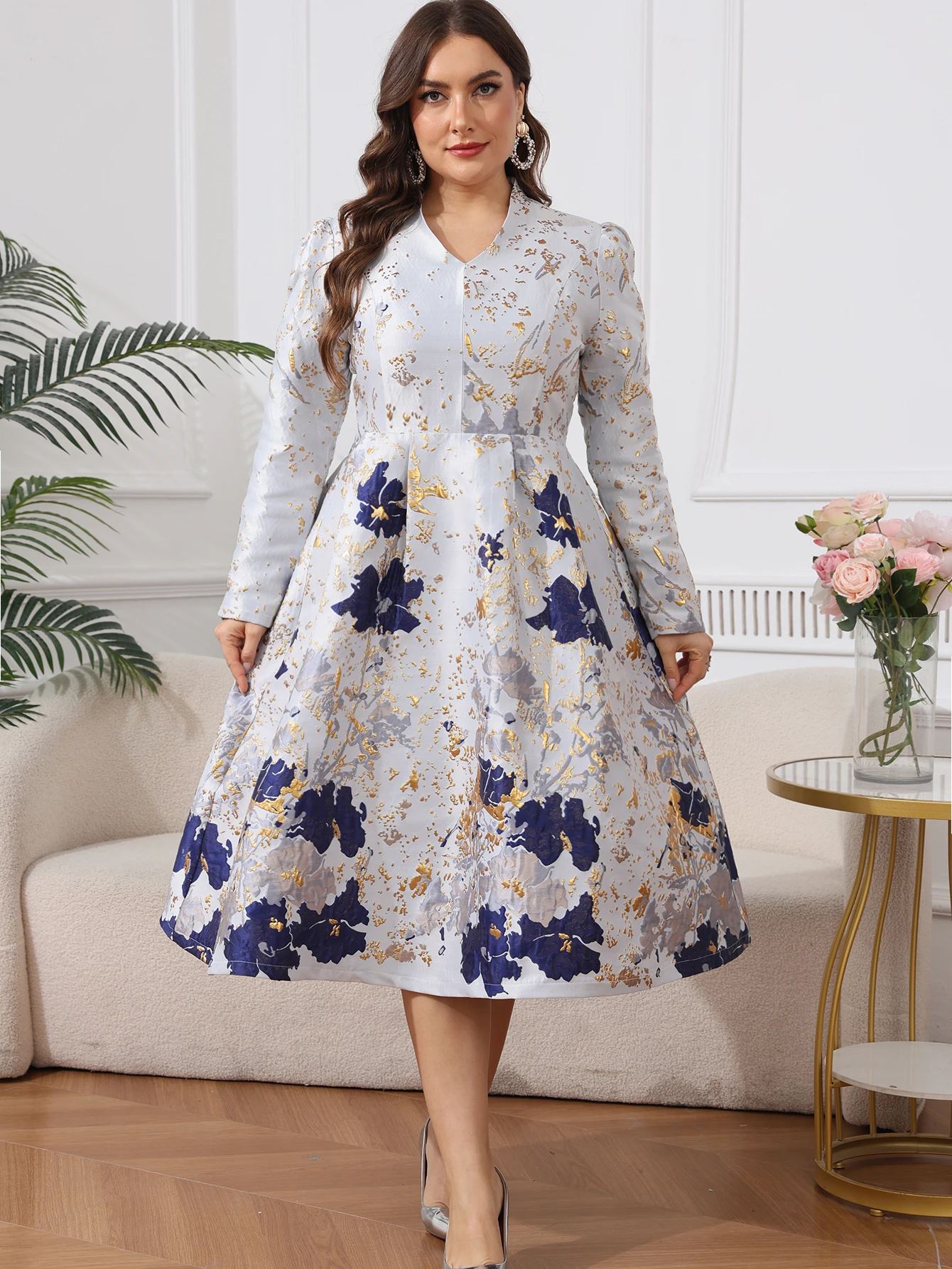 

DEVCHATA Plus Size Women's Casual Maxi Dress Elegant Floral Party Dress for Women V-Neck French Style Daily Wear