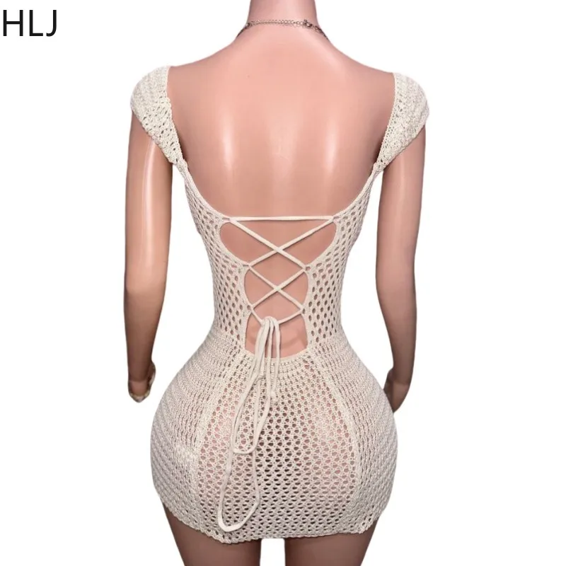 HLJ Sexy Knitting Hollow Bodycon Mini Spaghetti Strap Dresses Women Thin Backless Bandage Slim Vestidos Fashion Y2K Streetwear