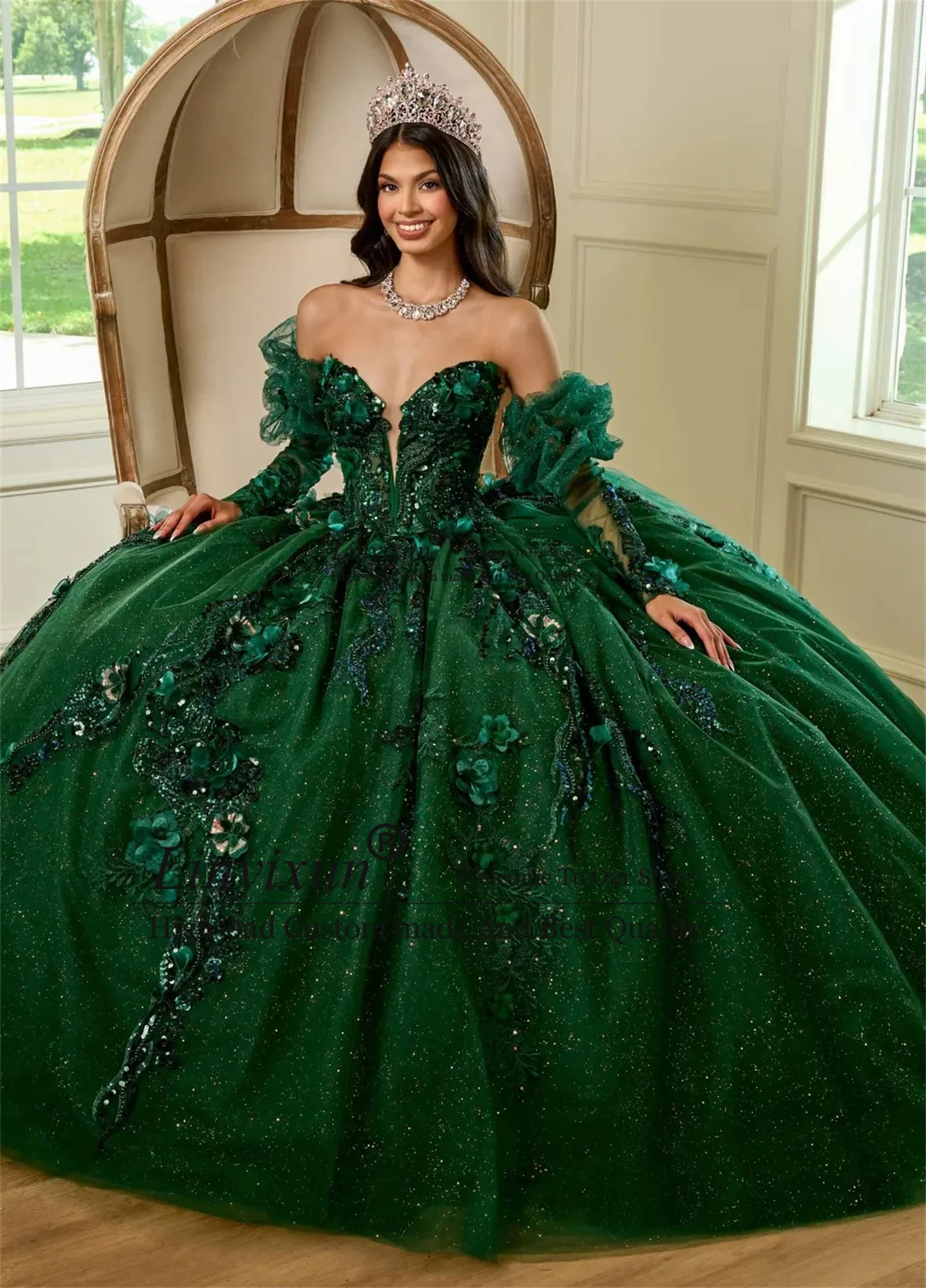 Dark Green Ball Gown Beaded Quinceanera Dresses Long Sleeves 3D Appliqued Sweet 15 Dress Plunging Neck Tulle Vestidos De Anos