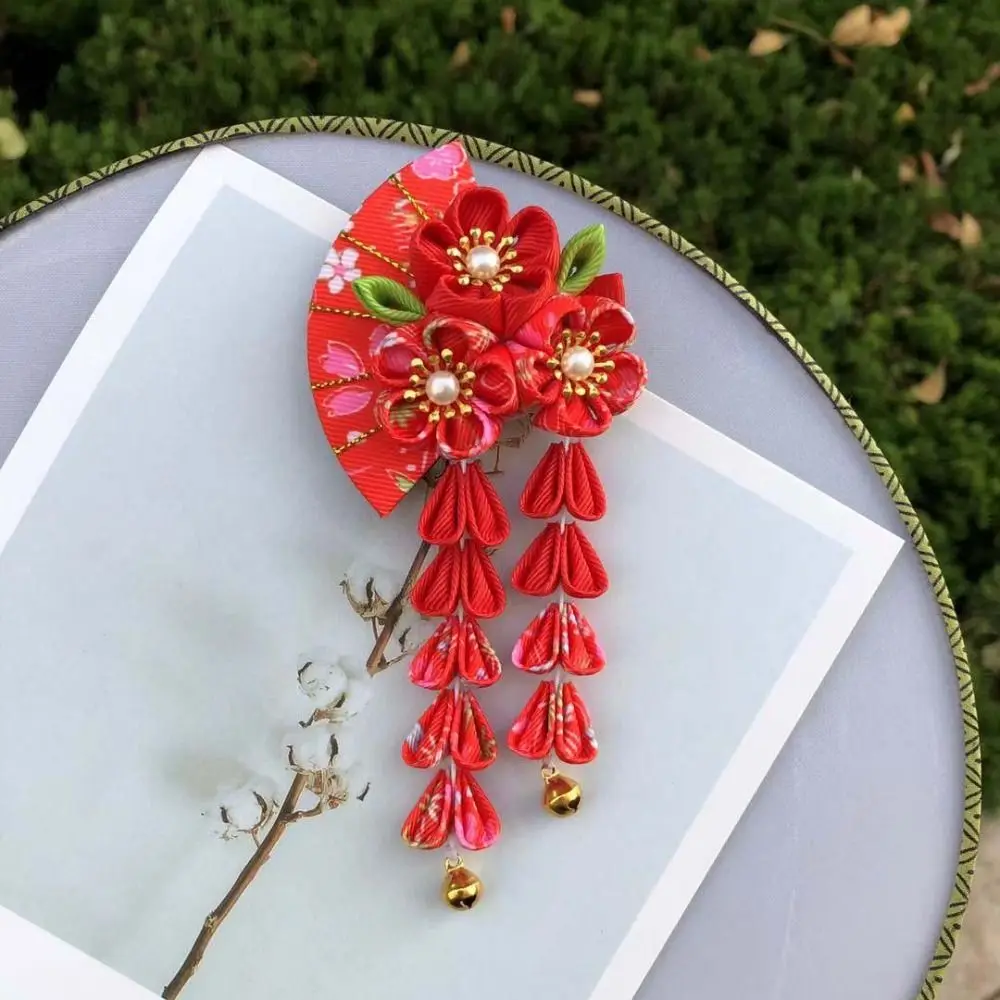 Sweet Tassels Tassel Fan Hairpin Flower Sakura Japanese Kimono Headwear Hanfu Fan Hair Clip Girl Hair Accessories Children