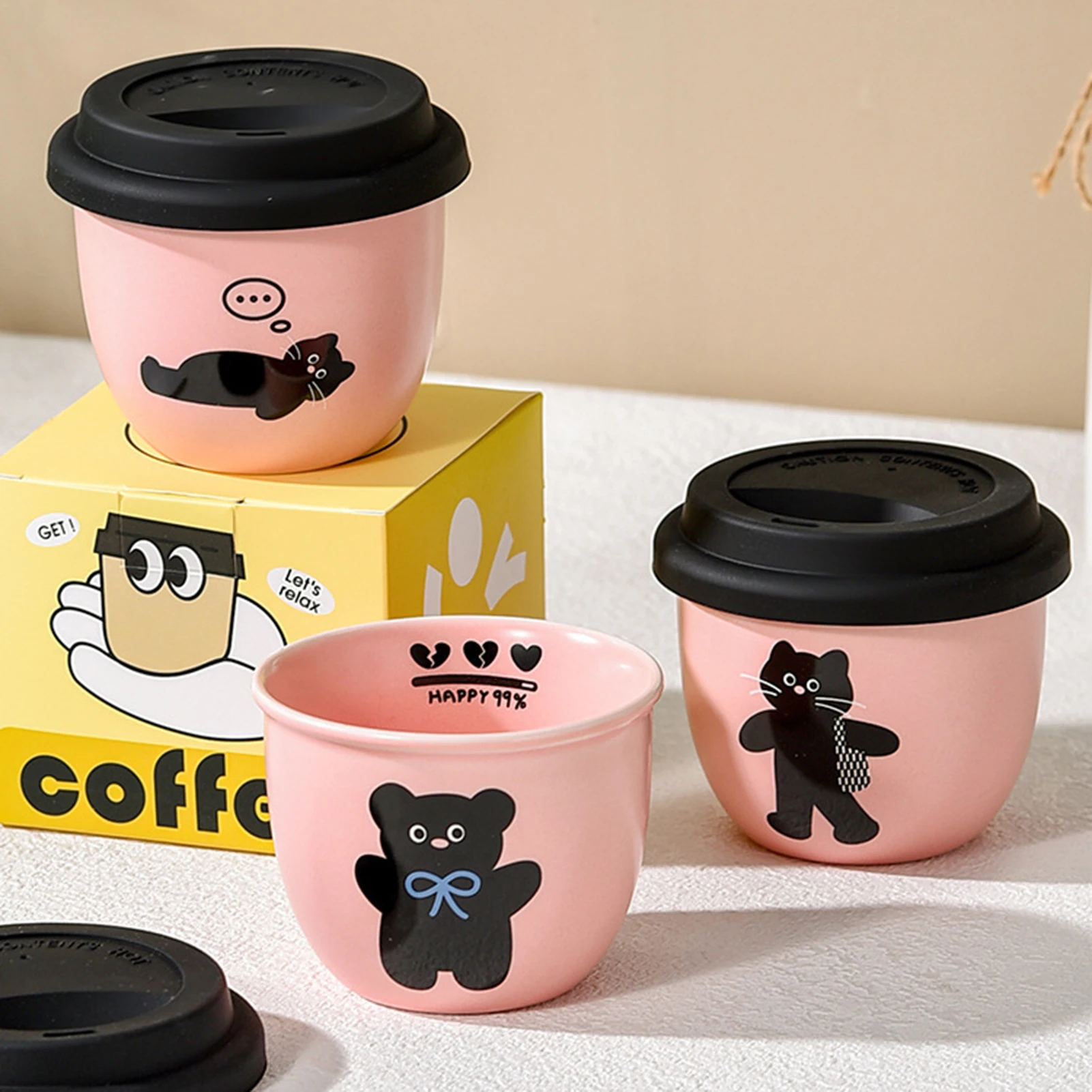 

Cute Pink Ceramic Coffee Mug Kawaii Kitten Tea Cup Latte Mug with Silicone Lid for Home Coffee Shop Restaurant