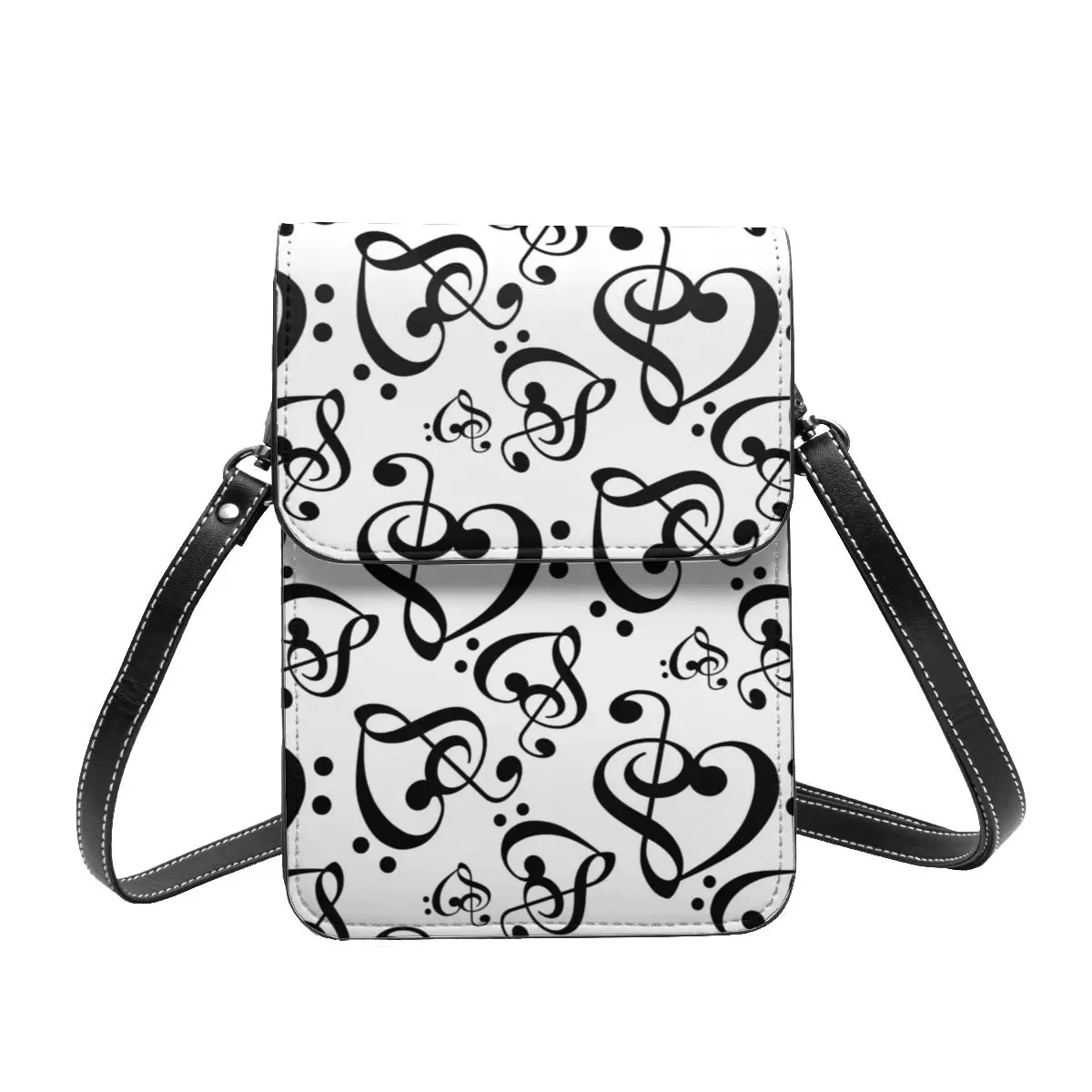 

Hearts Music Notes Pattern Shoulder Bag Black And White Clef Reusable Leather Travel Mobile Phone Bag Woman Gifts Bags