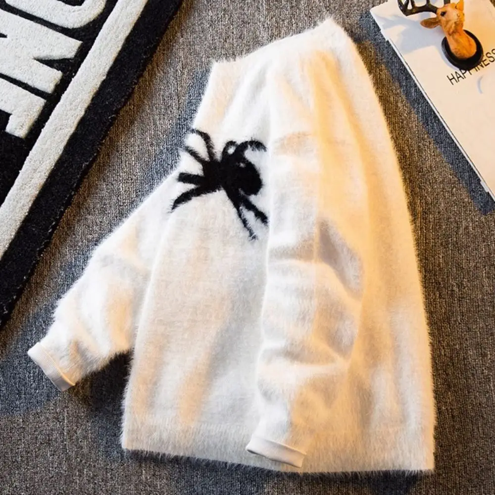 Punk Plush Spider Sweater Men Loose Round Neck Streetwear Knitwear Long Sleeve American Style Pullovers Women Y2k Female