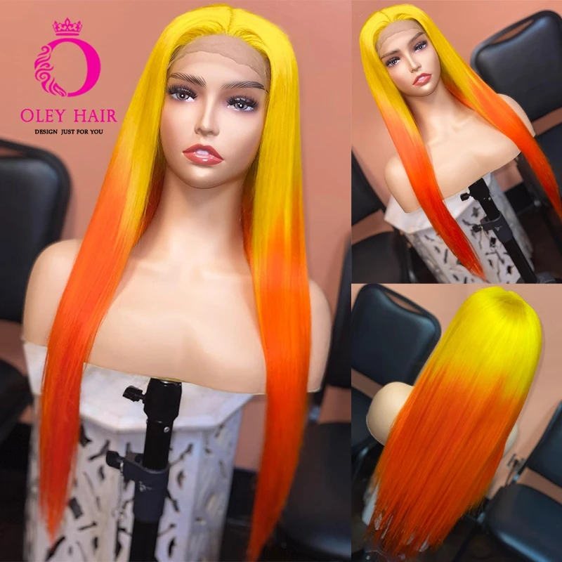 

Синтетический парик фронта шнурка 13X4, прямые волосы, естественная линия волос, желтый, омбре, оранжевый цвет, бесклеевые парики для женщин, косплей, ежедневное использование