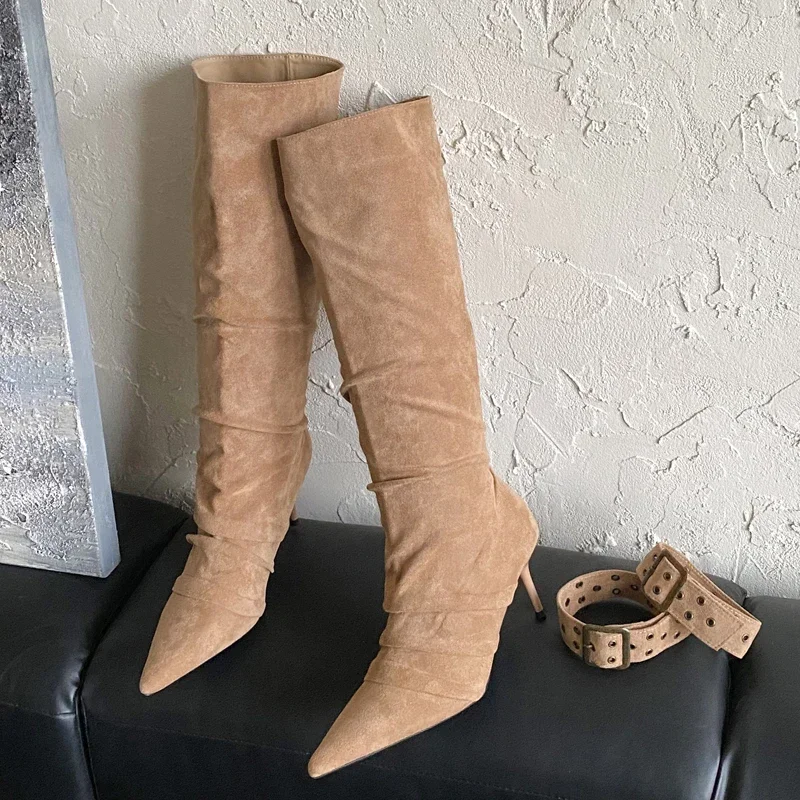 Aneikeh جديد الخريف الشتاء رقيقة أحذية عالية الكعب موضة حزام مشبك أشار تو المرأة الركبة عالية فستان الحفلات الأحذية