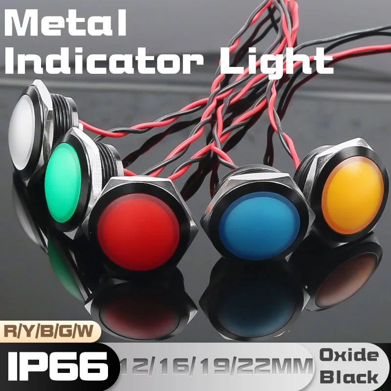12/16/19/22MM Ball Head Metal Indicator Light Oxidized Black Warning LED Pilot Signal Lamp with Wire Red Yellow Blue Green White