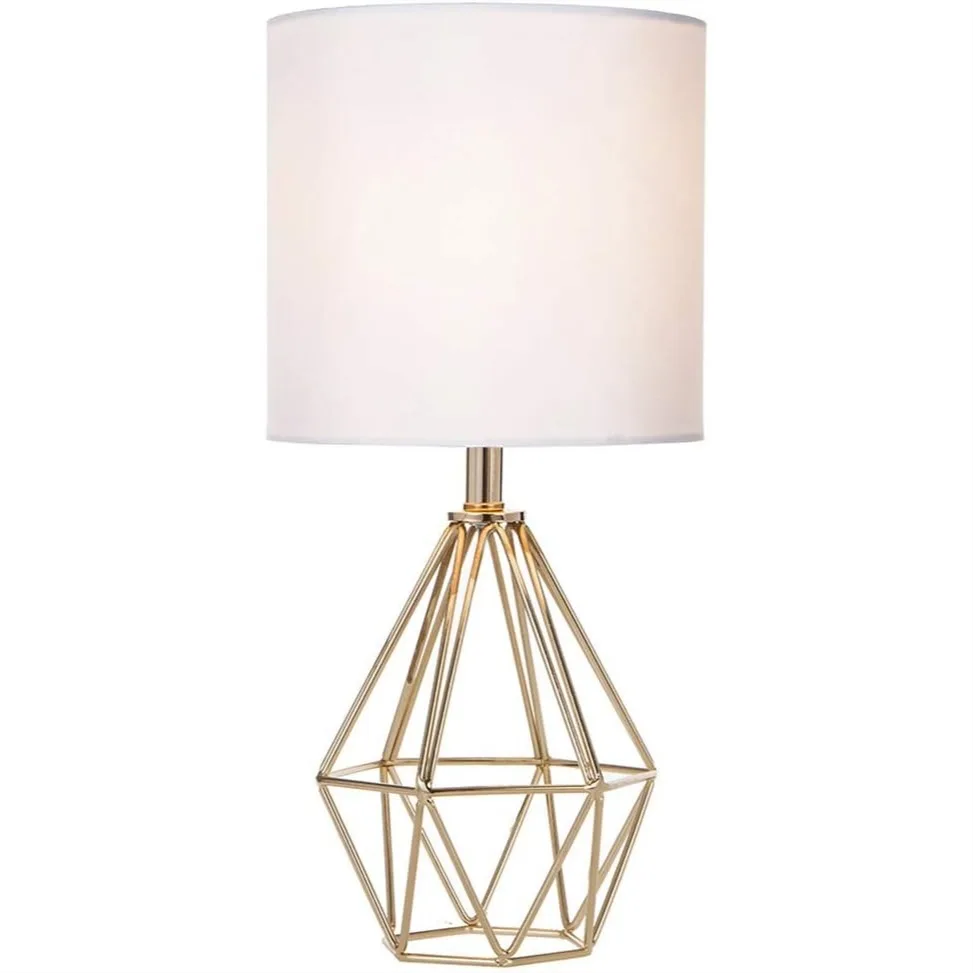 

Gold Modern Hollow Out Base Bedroom Small Table Lamp Bedside Nightstand Lamp With Geometric Metal Base White Fabric Shade Cute Desk Lamp For Kids Living Room