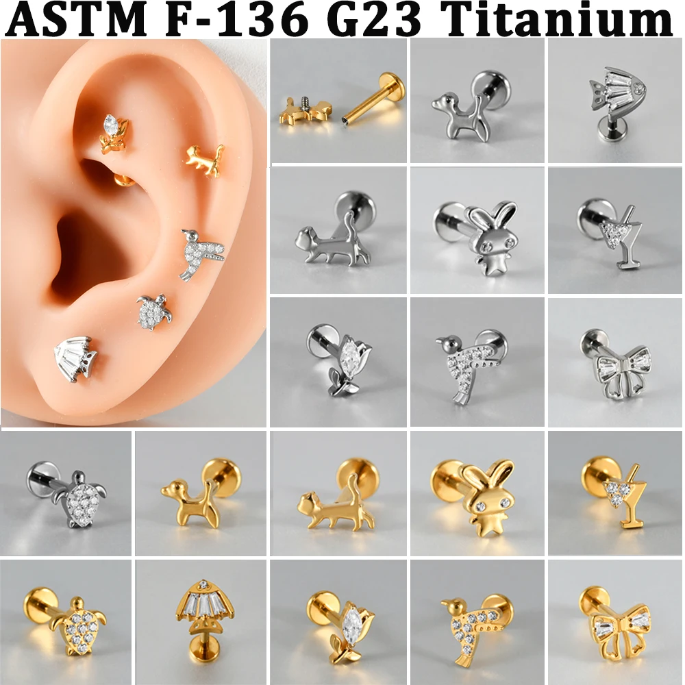 Body Jewelry Etc - 1PCTチタン製アニマルフラットバックCZフラワーリップラブレットノーズインナースクリュードッグキャットフィッシュなどトラガスコンチルークピアスフープローブイヤリング