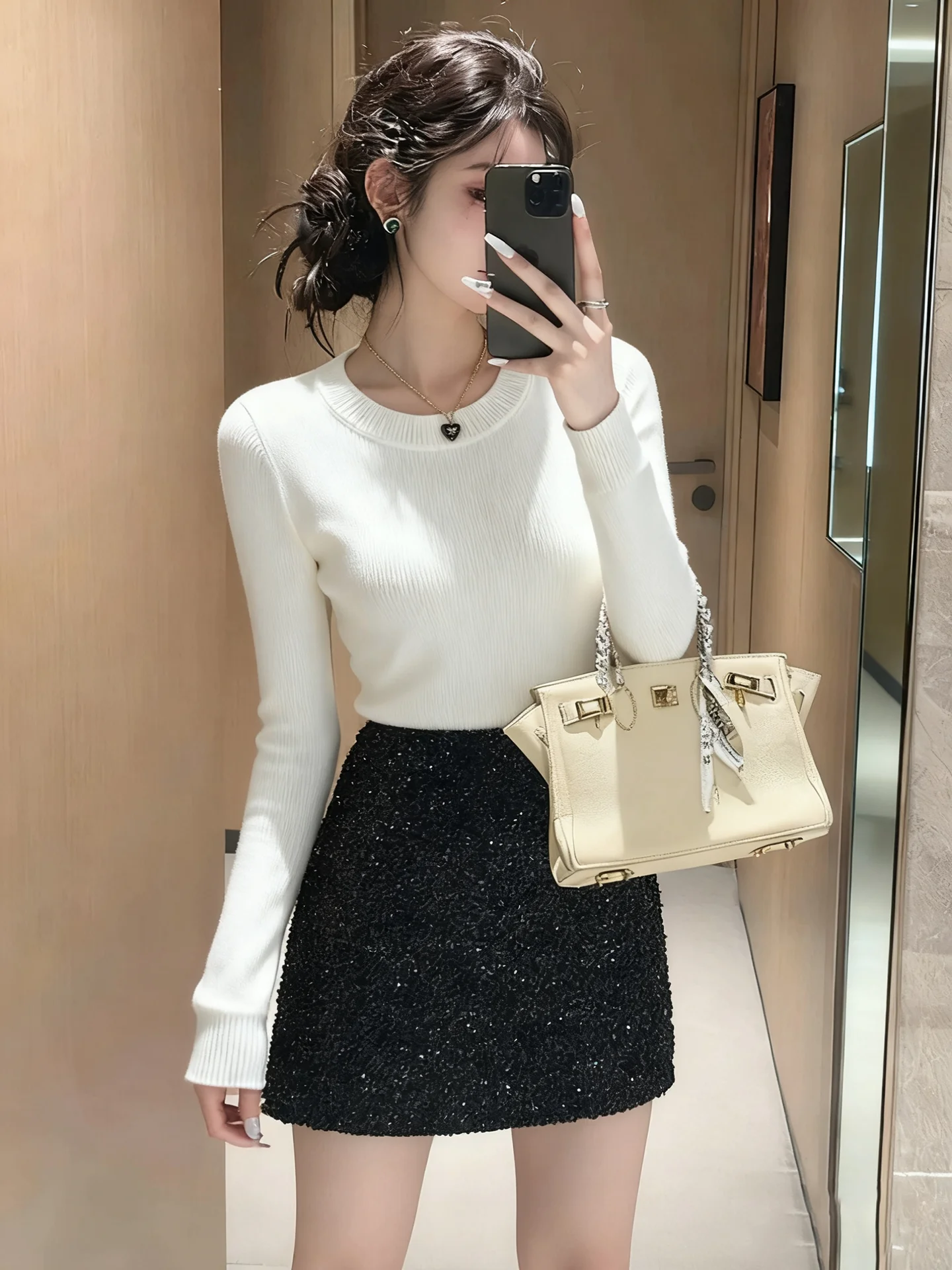 

Women's Fce Lined Thiened round Ne Knitwear Slim Fit Base irt White Autumn Winter Inner Wear Comfortable Stretchy Top