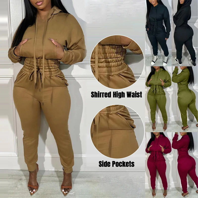 Shirred Pocket Design Crop Hoodie & High Waist Cuffed Sweatpants Set